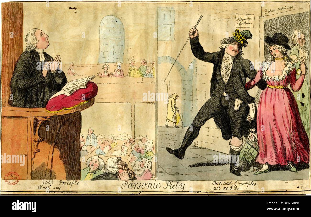 'Parsonic Piety', 20 janvier 1794, est une gravure anglaise colorée à la main par Isaac Cruikshank, publiée par S W Fores. L'estampe représente un person engagé dans la dévotion religieuse, mettant en évidence des aspects du clergé anglais du XVIIIe siècle, de l'intérieur domestique et des coutumes sociales. La composition illustre des gestes, des vêtements et des objets associés à la piété, reflétant les techniques artistiques contemporaines dans la gravure colorée à la main, y compris le travail au trait, l'ombrage et la représentation détaillée des personnages, démontrant à la fois l'observation sociale et l'artisanat artistique. Banque D'Images
