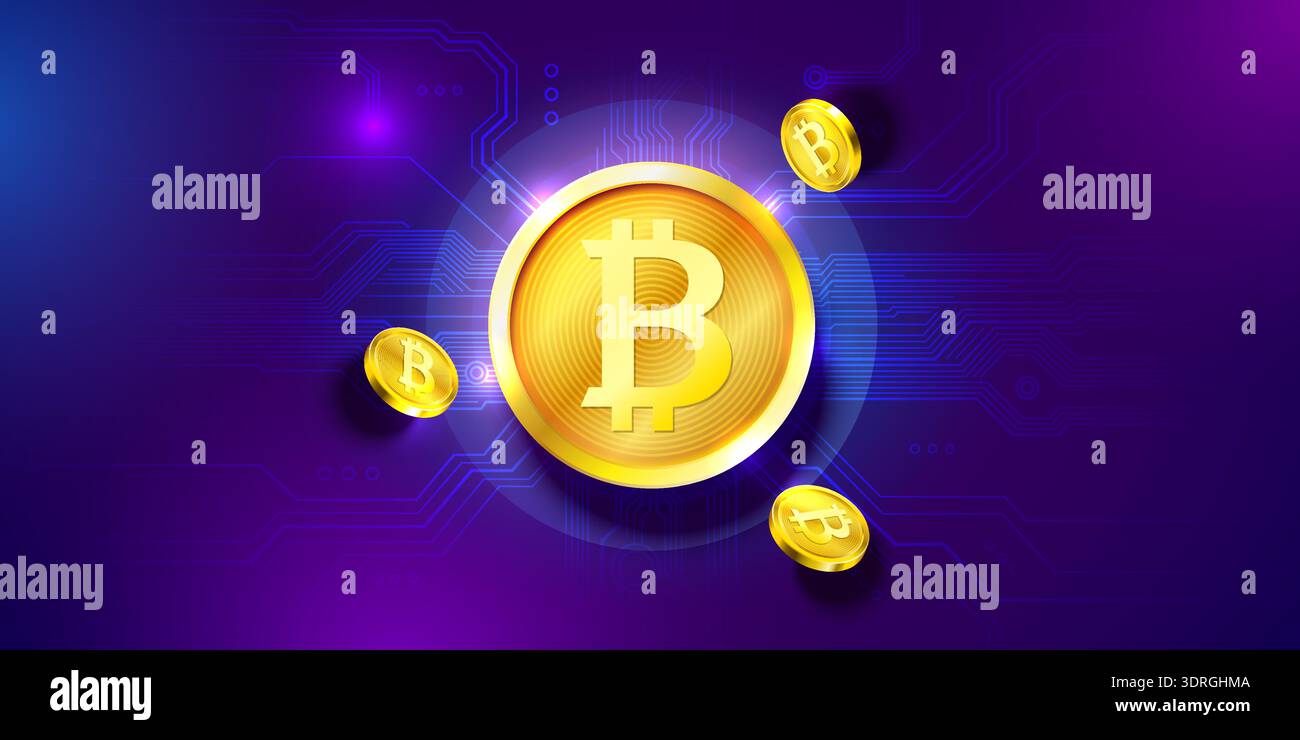 Golden Bitcoin coins sur un fond de circuit numérique, parfait pour la crypto et la finance. Illustration vectorielle. Illustration de Vecteur