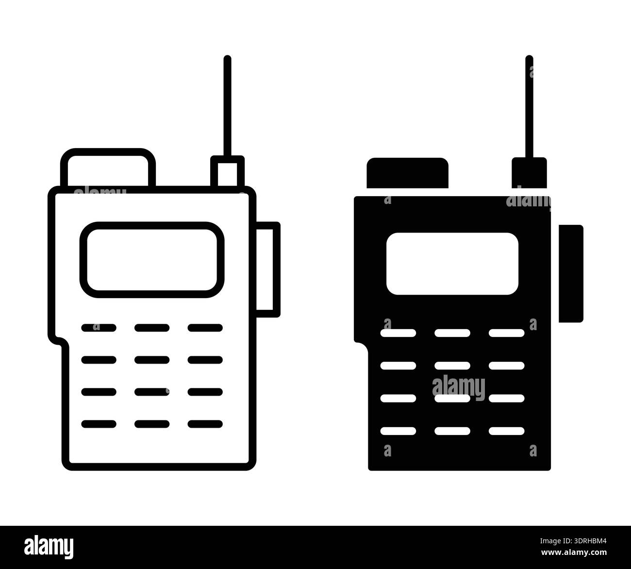 Deux dessins distincts d'un talkie-walkie en noir et blanc, mettant en valeur ses caractéristiques et ses fonctions. Parfait pour les thèmes de la communication et de la technologie. Illustration de Vecteur