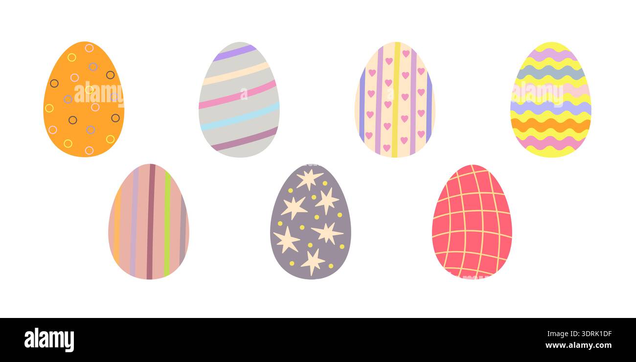 Oeufs de Pâques décorés dans les tons festifs symboles de vacances ensemble, illustration vectorielle colorée de style plat dessinée à la main pour le décor de célébration de printemps, cartes de voeux, invitations, bannières, conception Web Illustration de Vecteur
