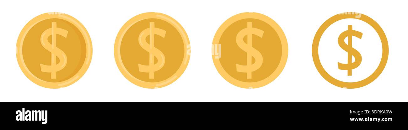 Jeu de pièces d'or avec des symboles dollar sur fond blanc Illustration de Vecteur