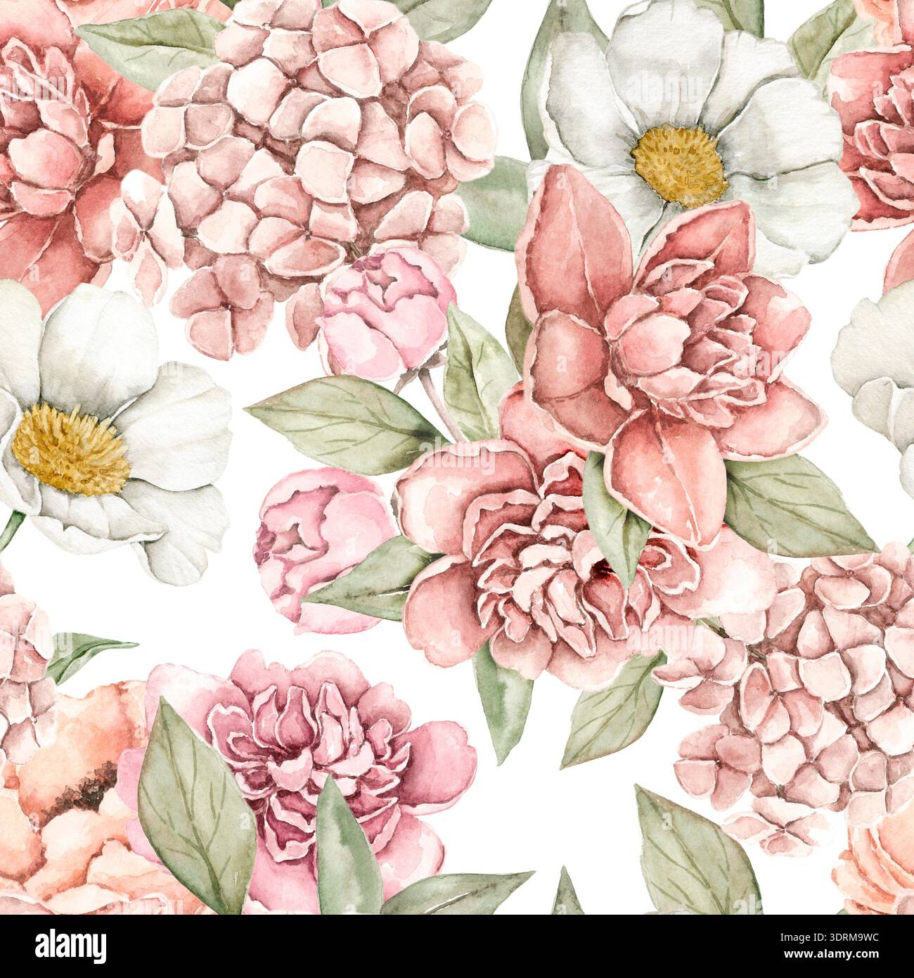 motif floral aquarelle avec hortensia de pivoine rose et fleurs de marguerite blanches avec des feuilles vertes. Répétition occupée botanique peinte à la main pour papeterie en tissu Banque D'Images