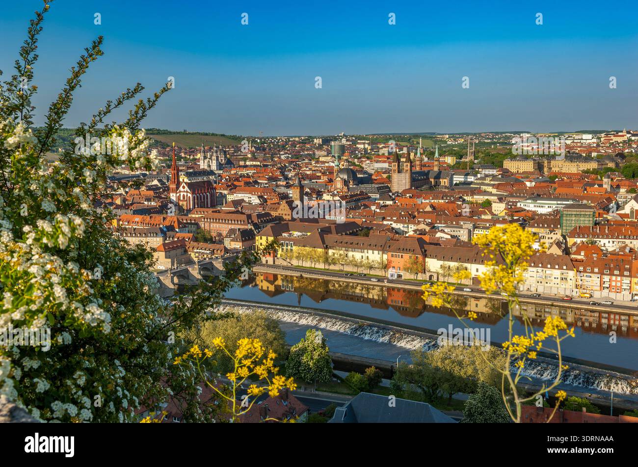 Vue depuis le Marienberg sur la vieille ville historique de Würzburg, basse-Franconie, avec les maisons, les églises, le vieux Bridg principal Banque D'Images