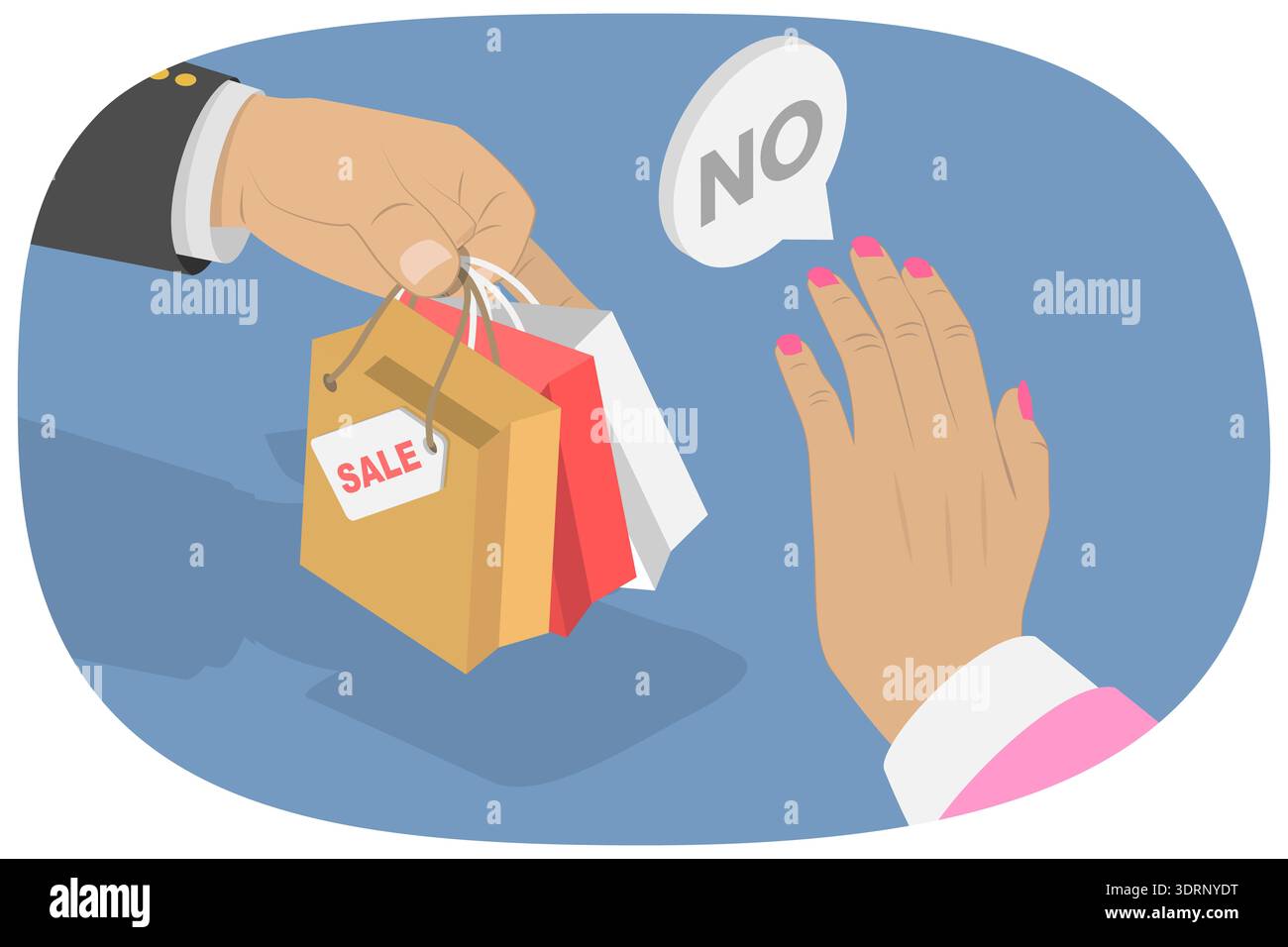 Illustration plate isométrique 3D de la bannière Stop Shopping, main rejetant les sacs à provisions avec des produits de vente Banque D'Images