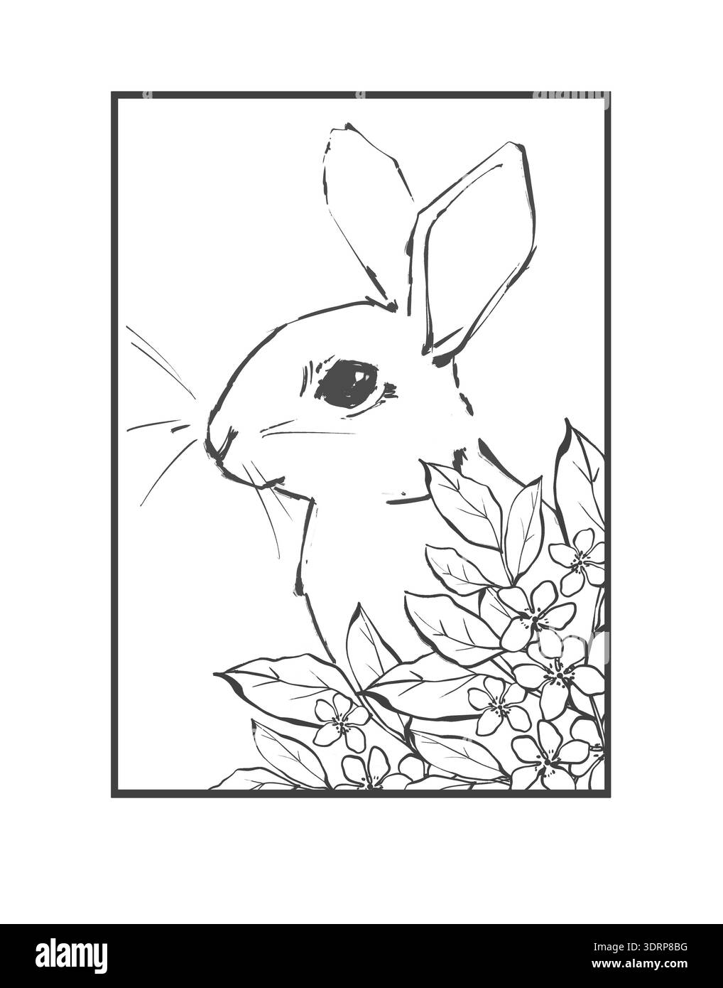 Illustration minimaliste dessinée à la main de caractère de lapin mignon à l'intérieur d'un cadre rectangulaire avec des fleurs et des feuilles sur fond blanc. Ligne animale simple a Banque D'Images