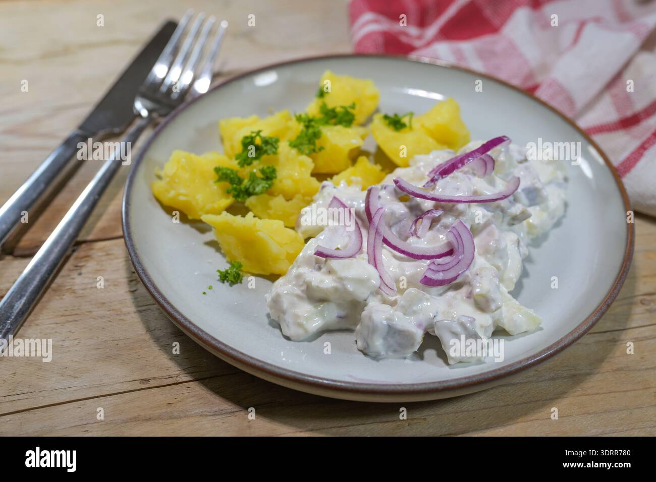 Salade de hareng à la crème sure aux oignons rouges, servie avec des pommes de terre en jaquette et garnie de persil sur une assiette et une table rustique en bois, traditionnelle Banque D'Images