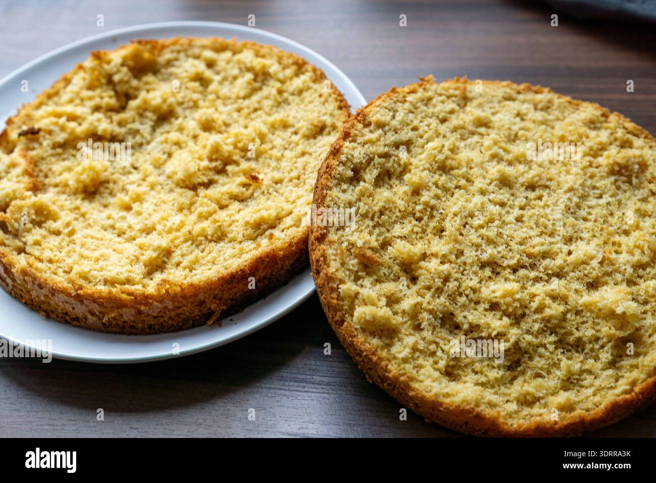 Deux couches rondes de gâteau éponge sont coupées horizontalement et placées sur une assiette. La miette aérée douce et la croûte dorée sont clairement visibles en gros plan. Banque D'Images