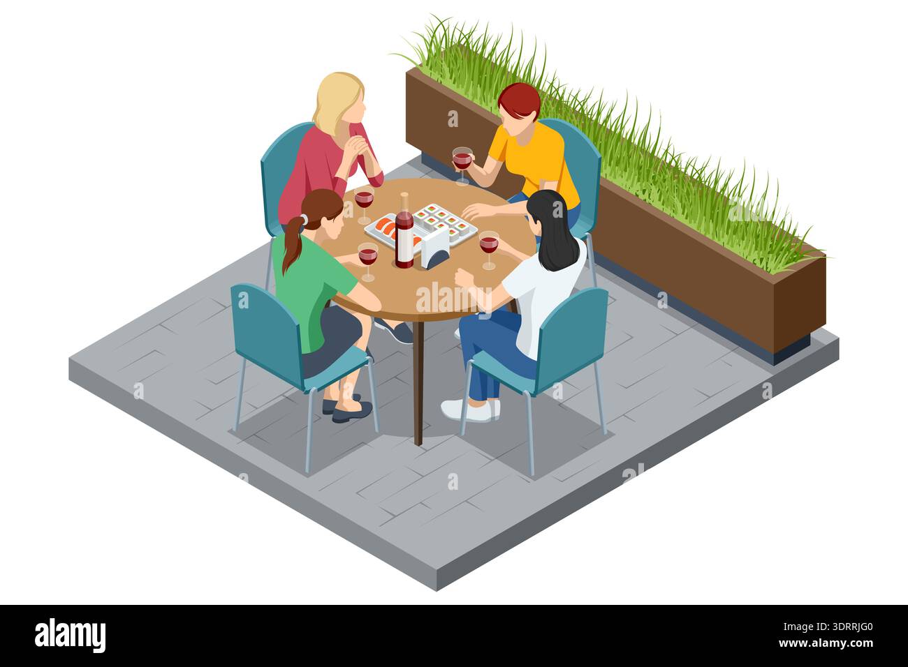 Ami à la table de café. Quatre femmes à la table du café. Illustration isométrique de café avec quatre femmes à la table ronde, verre à vin et assiette de sushi. Extérieur Illustration de Vecteur