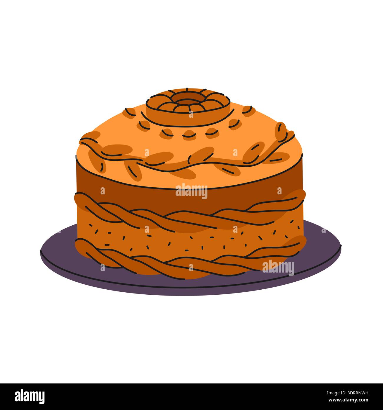 Gâteau de mariage ukrainien ou pain korovai. Pain cuit au four vectoriel pour la cérémonie ou la célébration. Repas de fête ronds tressés avec décorations ornées. Pâtisserie ou dessert de boulangerie. Repas pour les vacances en famille. Rituels. Illustration de Vecteur