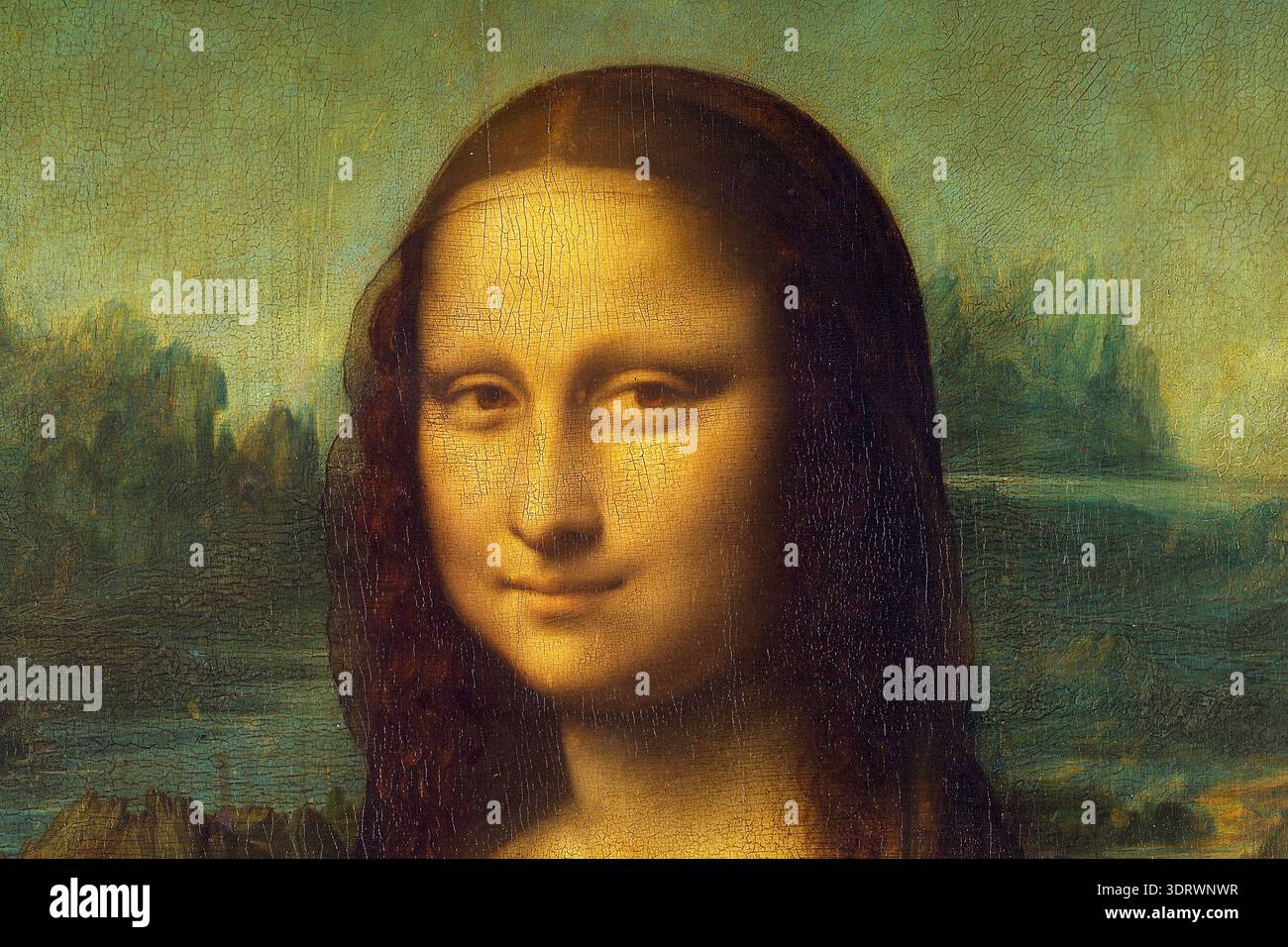 Mona Lisa de Léonard de Vinci, peinture Renaissance au Louvre, gros plan sur le célèbre sourire de Mona Lisa. Banque D'Images