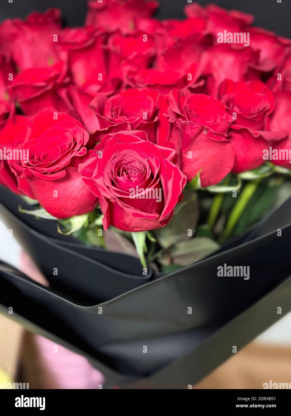 Bouquet de roses rouges de luxe dans la boîte noire, cadeau floral romantique - Image de stock capturée avec un smartphone