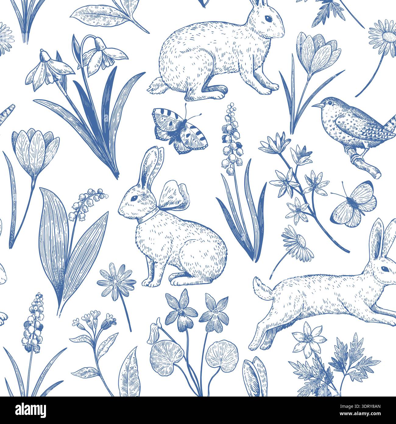 Modèle sans couture avec lapin de pâques et fleurs de printemps. Élégant imprimé vintage avec des illustrations dessinées à la main dans un style de gravure. Illustration de Vecteur