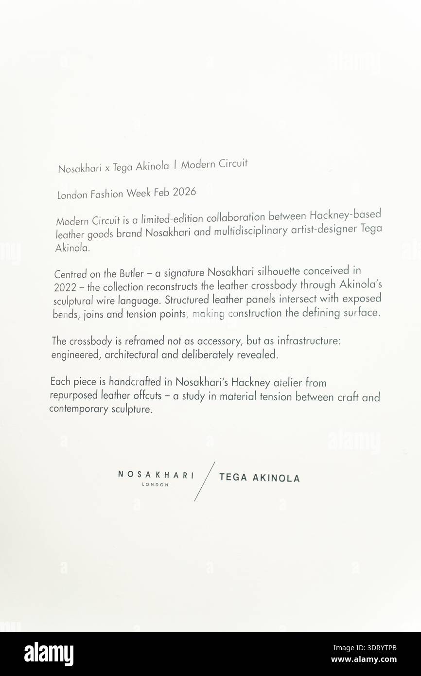 Londres, Royaume-Uni. 19 février 2026. Londres, Nosakhari présente la collection de sacs Modern circuit, une réinterprétation du classique Butler en collaboration avec Tega Akinola Credit : Independent photo Agency/Alamy Live News Banque D'Images