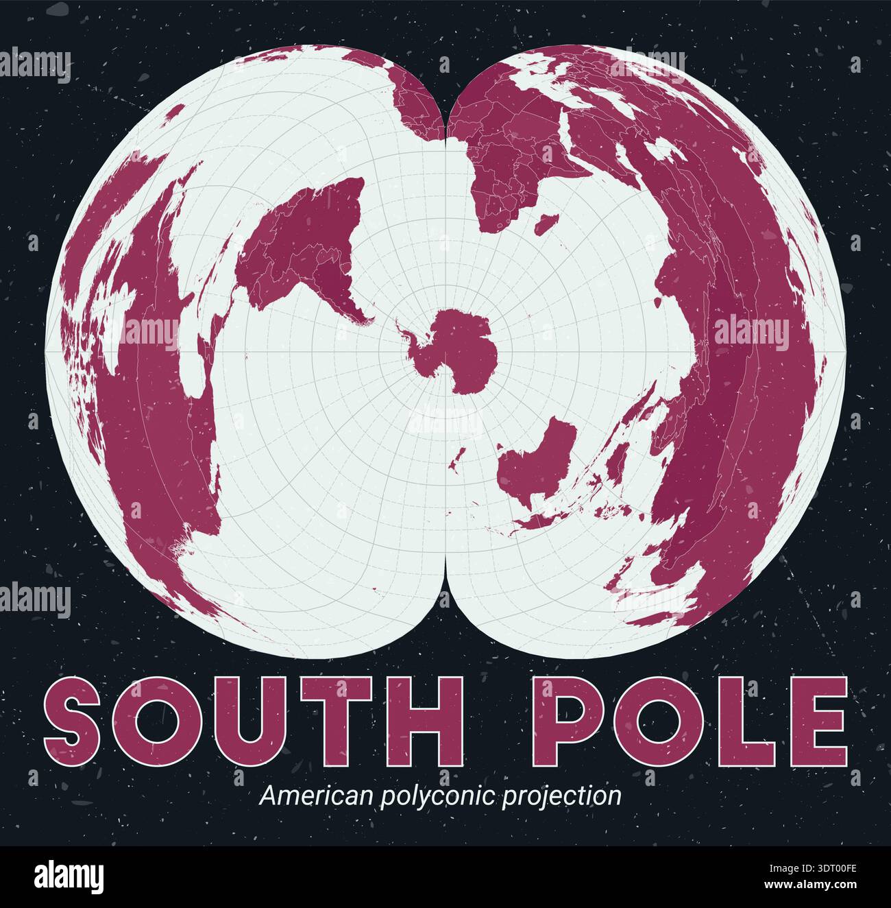 Carte du monde du pôle Sud. Projection polyconique américaine centrée sur le pôle Sud. Doté d'une palette de menthe pâle et rose foncé avec une texture vintage. Illustration de Vecteur