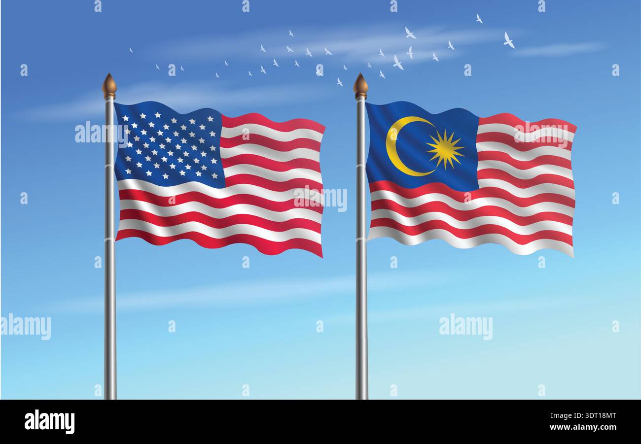 États-Unis et Malaisie drapeaux de table relation avec le ciel backgrund Illustration de Vecteur