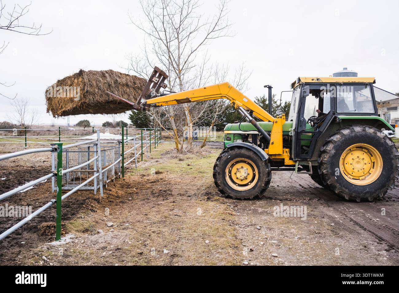 Un tracteur équipé d'un chargeur frontal lève de grosses balles de foin, placées contre un paysage agricole rural. La scène illustre le rôle des machines dans l'agriculture Banque D'Images