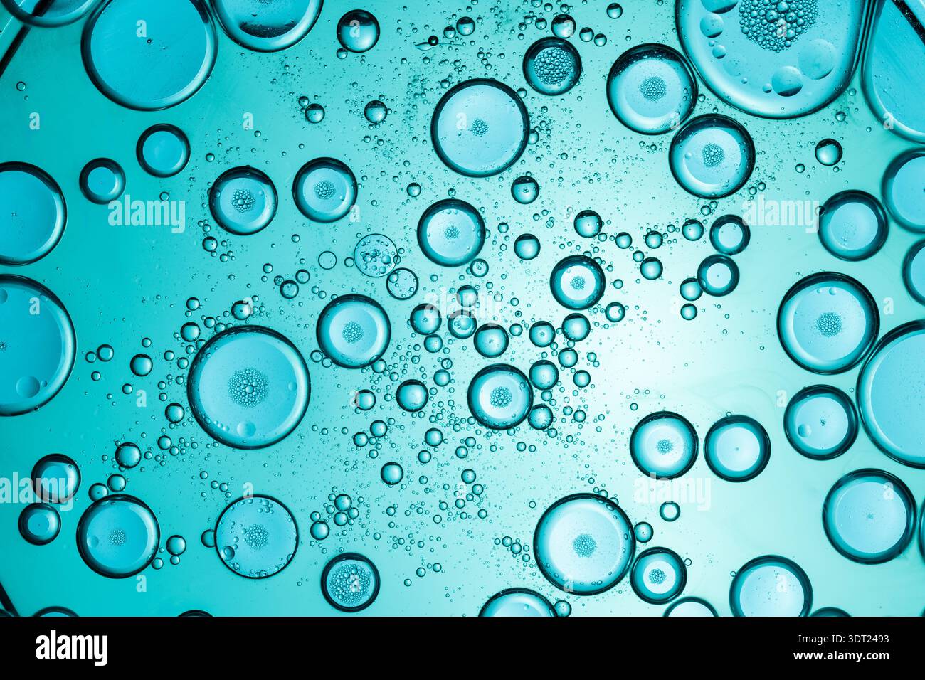 Une vue macro fascinante de bulles regroupées sur un fond sarcelle éclatant. Les détails complexes et les différentes tailles créent un te visuel unique Banque D'Images