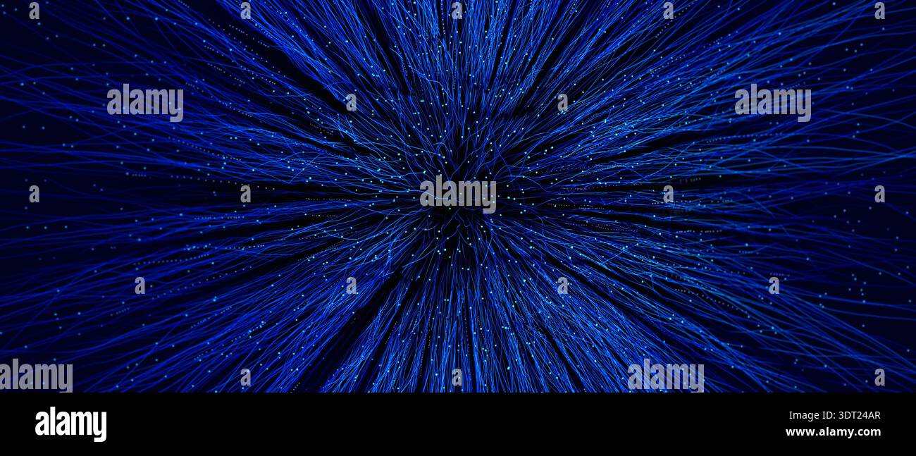 Une conception en forme de tunnel montre des lignes de lumière bleue qui s'étendent vers l'extérieur. L'arrière-plan crée une sensation de profondeur et de technologie. Banque D'Images