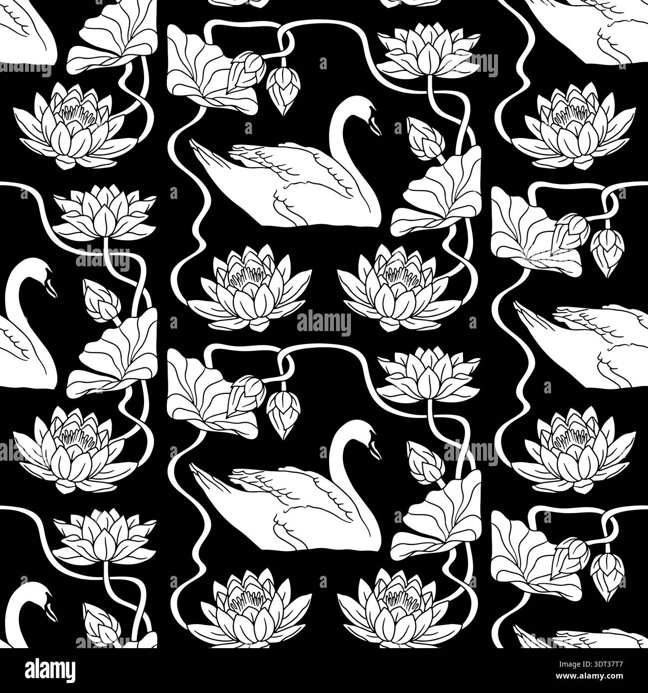 Vintage style art nouveau cygne dessiné à la main nageant dans le lac avec des fleurs de lotus noir et blanc damassé motif sans couture Illustration de Vecteur