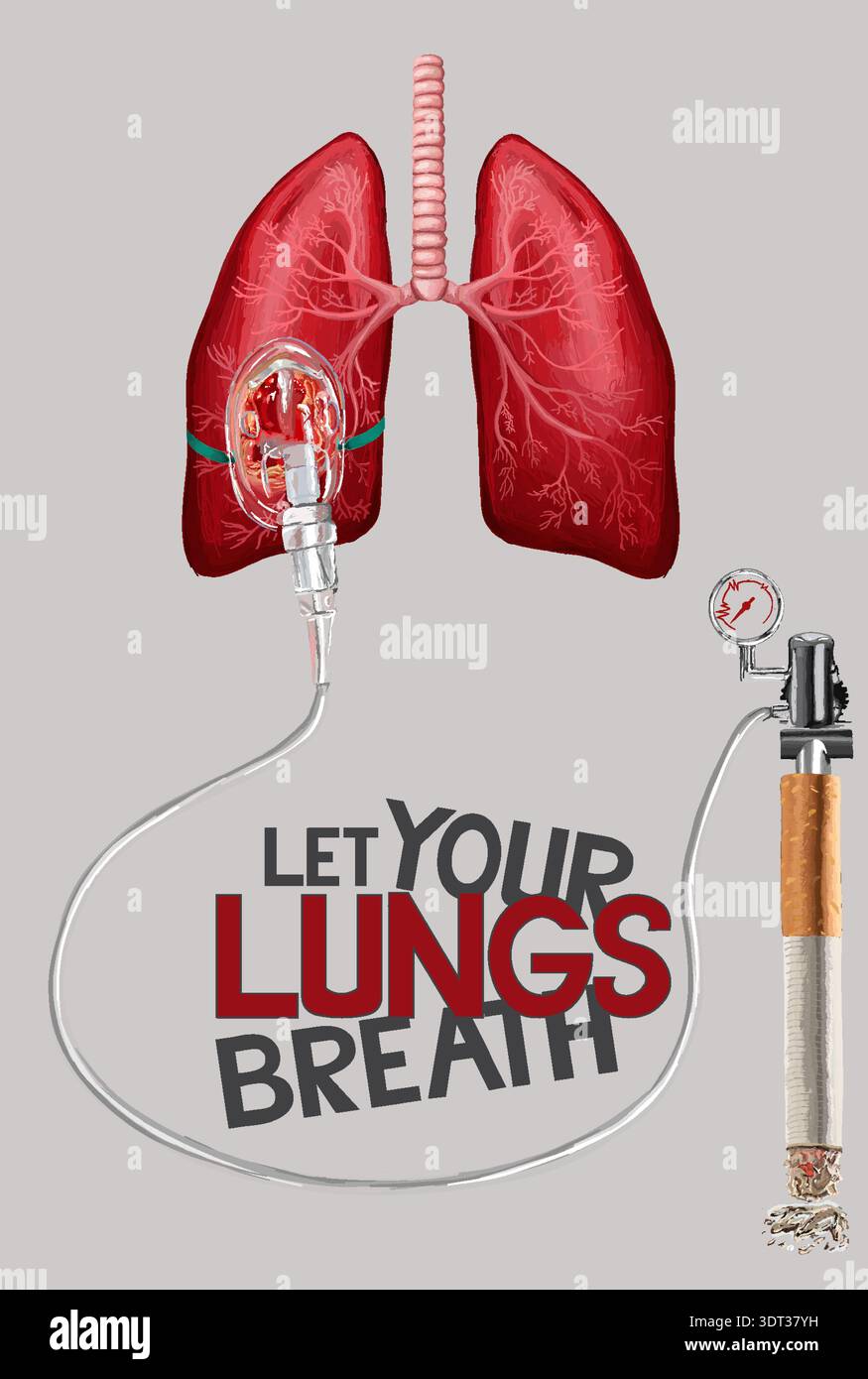 Le 9 février, Journée mondiale pour cesser de fumer : la fumée de cigarette est injectée dans un poumon cancéreux via un réservoir d’oxygène. Illustration vectorielle. Illustration de Vecteur
