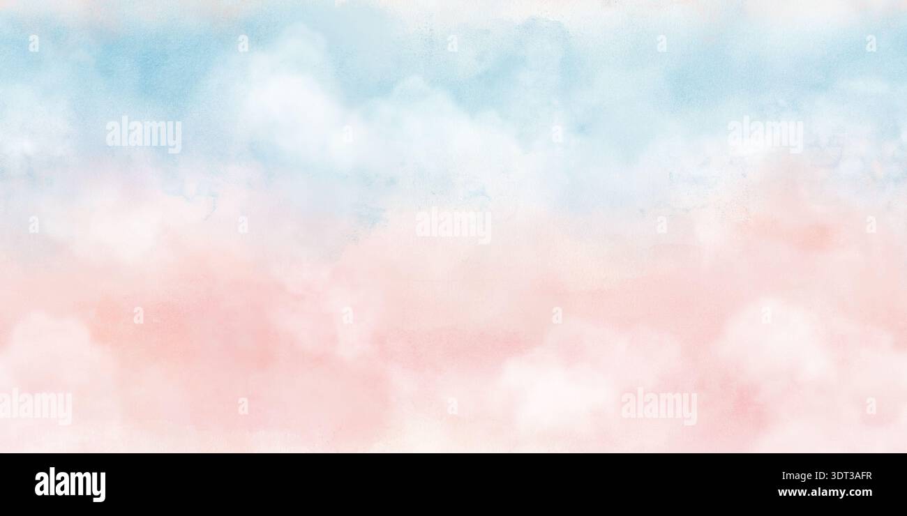 Nuages roses sur ciel bleu, motif sans couture. Illustration numérique aquarelle. Fond de printemps délicat de l'aube ou du coucher du soleil, nuage moelleux blanc et pêche Banque D'Images
