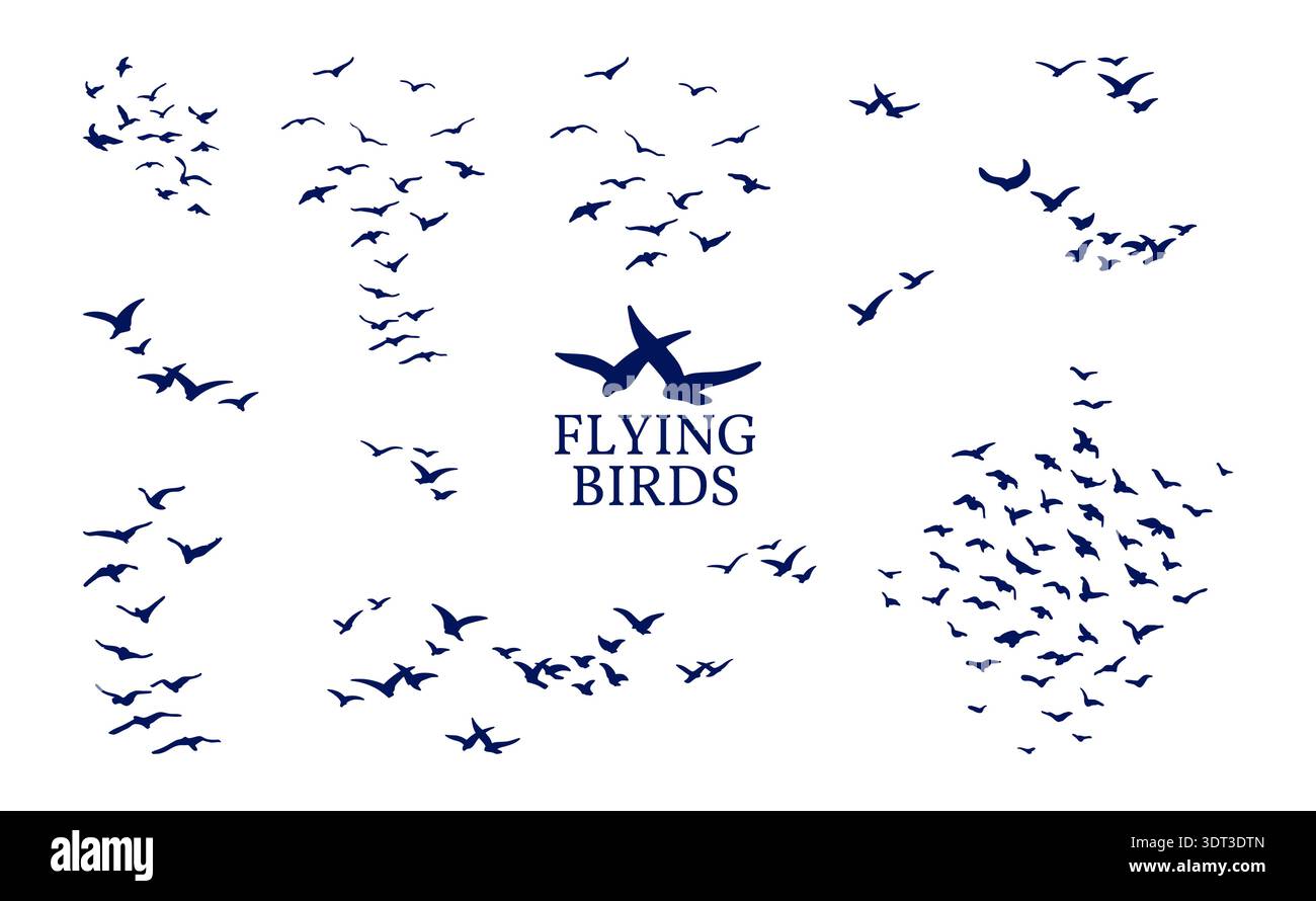 Flying Birds silhouettes Vector Design Elements ensemble de Black Flock Murmuration migration dans le ciel, symbole de liberté Illustration de Vecteur