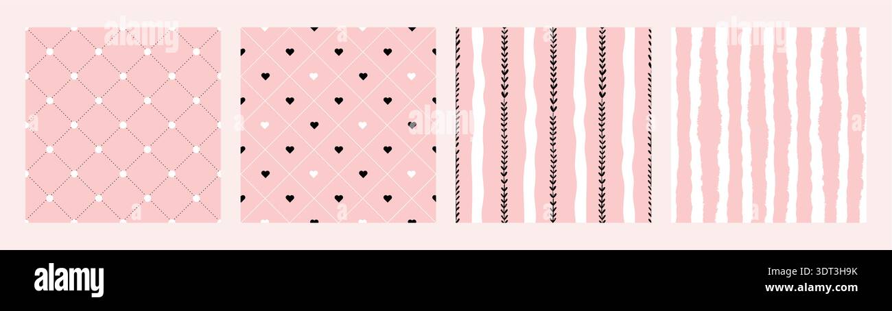 Grille rose sans couture avec lignes rayées ondulées Love Heart Abstract Vector Background Set textile Print Collection Coquette Wrapping Paper Illustration de Vecteur