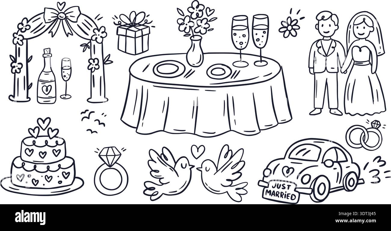 Mariage Doodle Sketch icône Set Vintage Party Love Vector romantique mariée mariée cérémonie carte de célébration Illustration de Vecteur