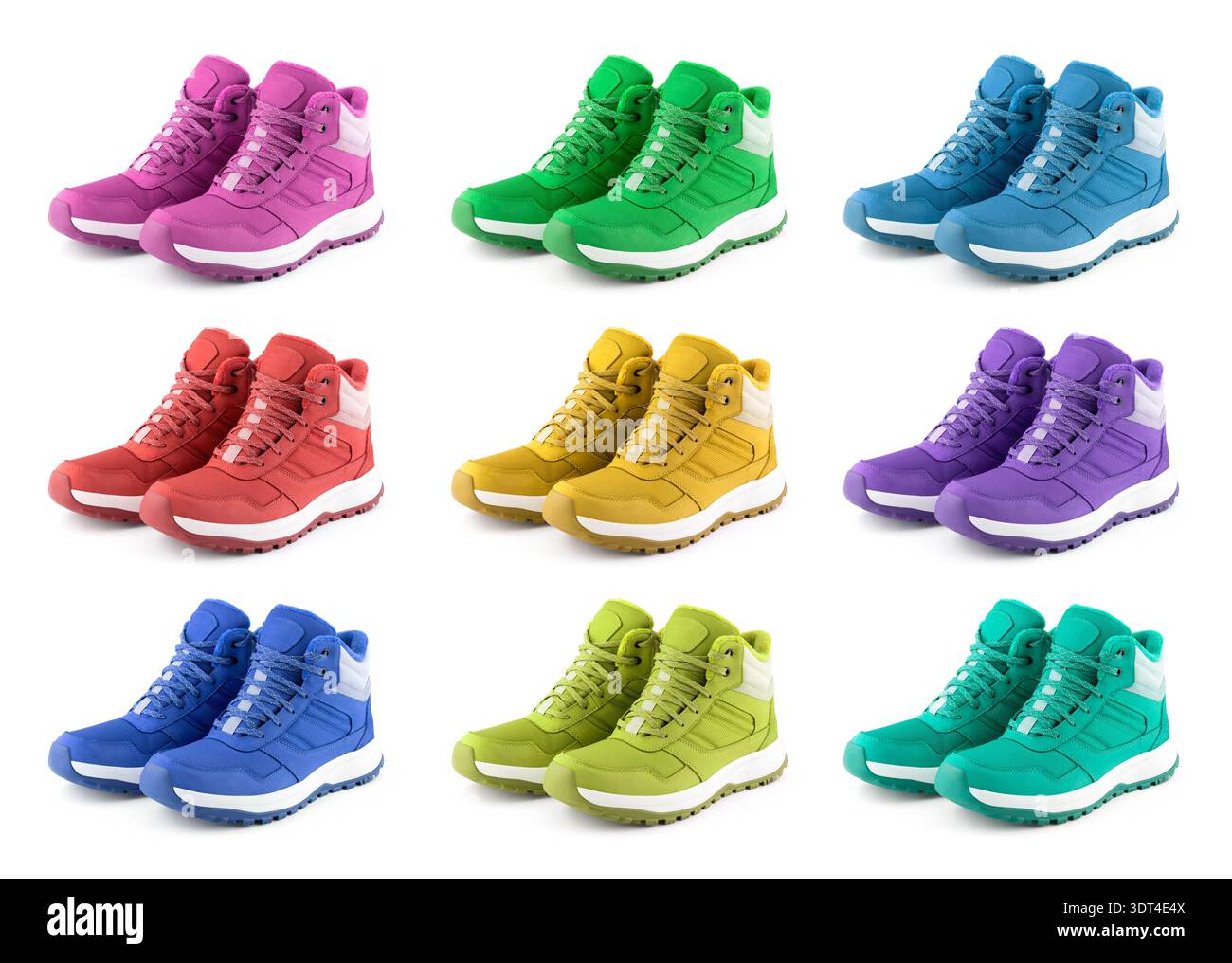 Collection de bottes d'hiver de randonnée imperméables colorées isolées sur fond blanc Banque D'Images