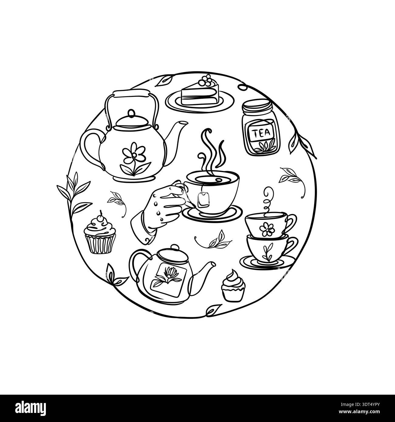 Illustration minimaliste d'art en ligne continue d'une partie de thé confortable avec théière, tasses et desserts sucrés. Banque D'Images