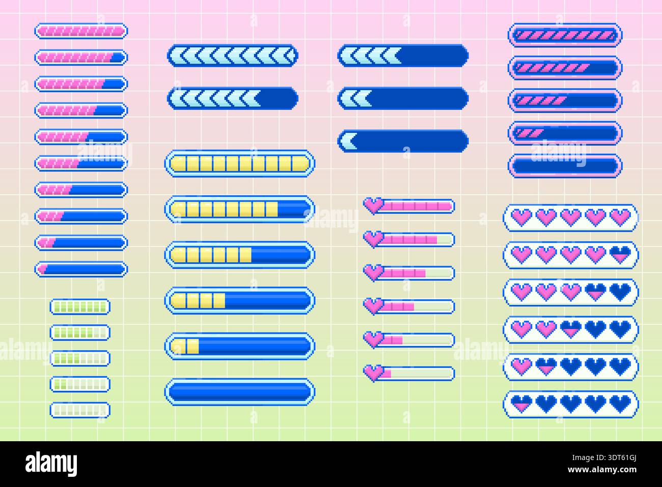 Barres de progression Pixel art et barres d'état de santé définies Illustration de Vecteur