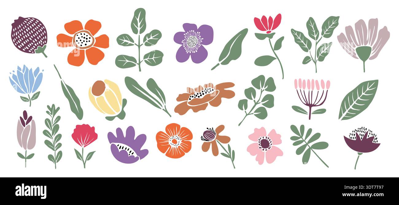 Collection de fleurs et de feuilles plates stylisées Illustration de Vecteur