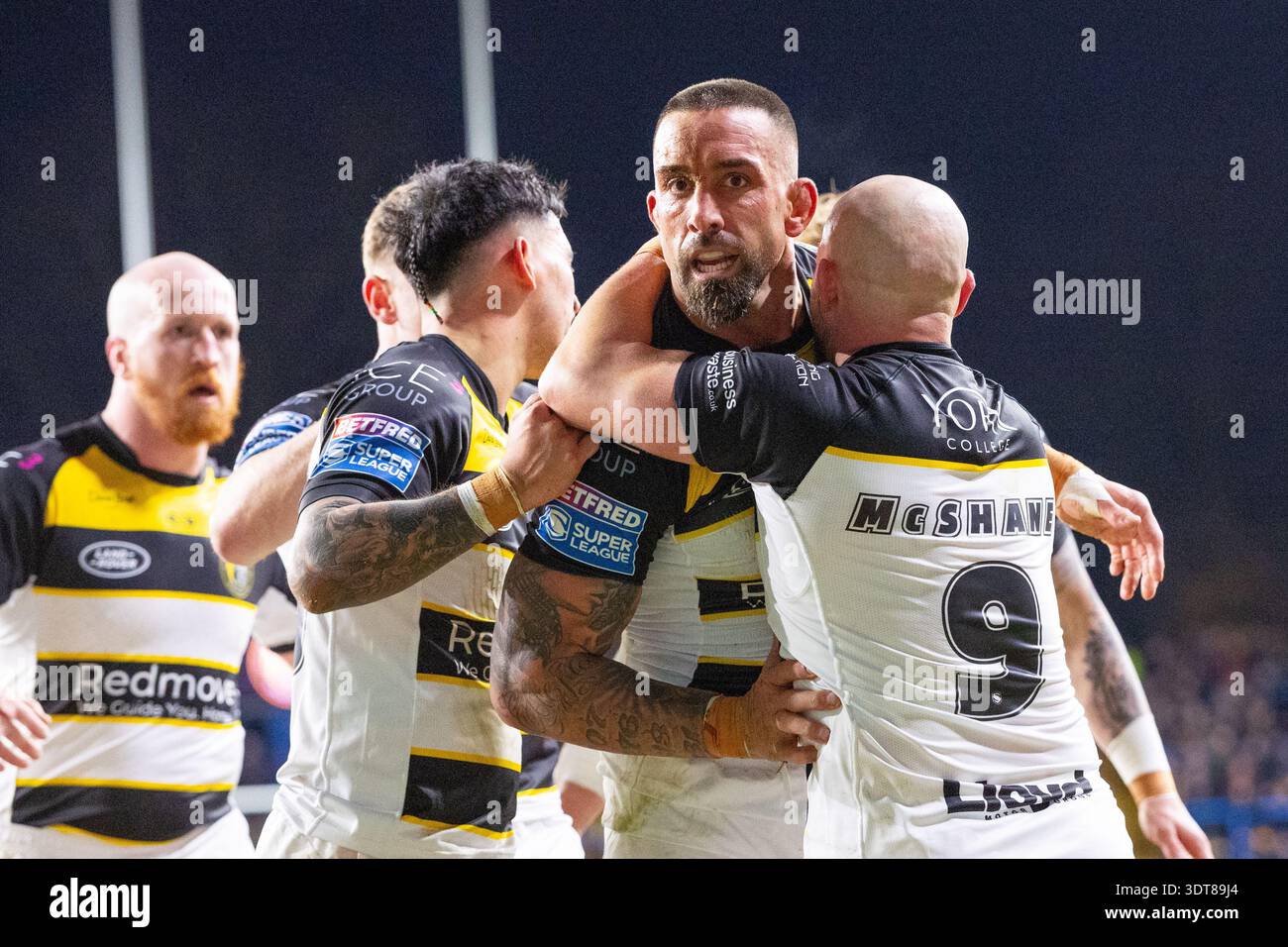 20-02-2026, AMT Headingley Stadium , Leeds Leeds Rhinos vs York Knights Paul Vaughan de York Knights célèbre son essai Banque D'Images