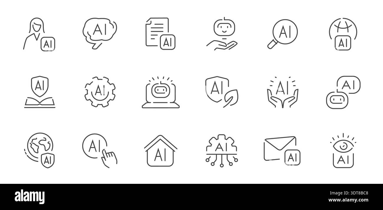 Icônes de ligne d'intelligence artificielle avec chatbot, automatisation, robotique et concepts de technologie numérique Illustration de Vecteur