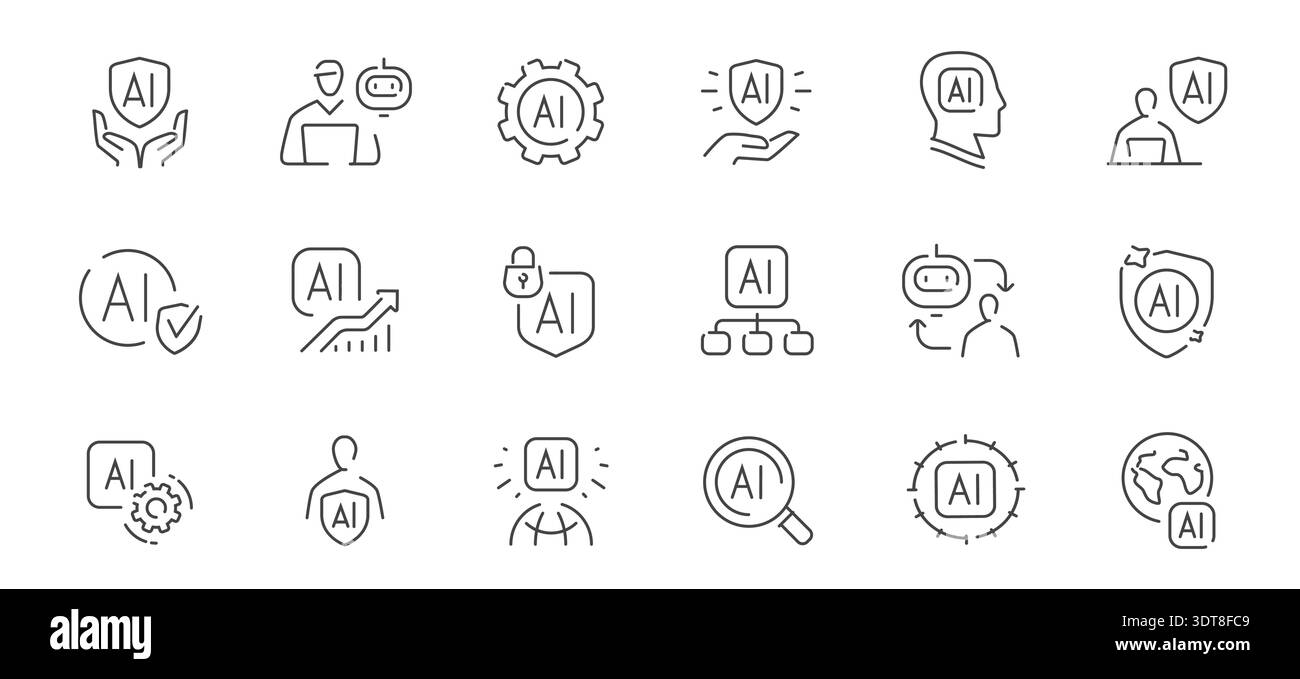 Icônes de ligne d'intelligence artificielle définies avec des concepts de sécurité, d'analyse, d'automatisation et d'interaction humaine Illustration de Vecteur