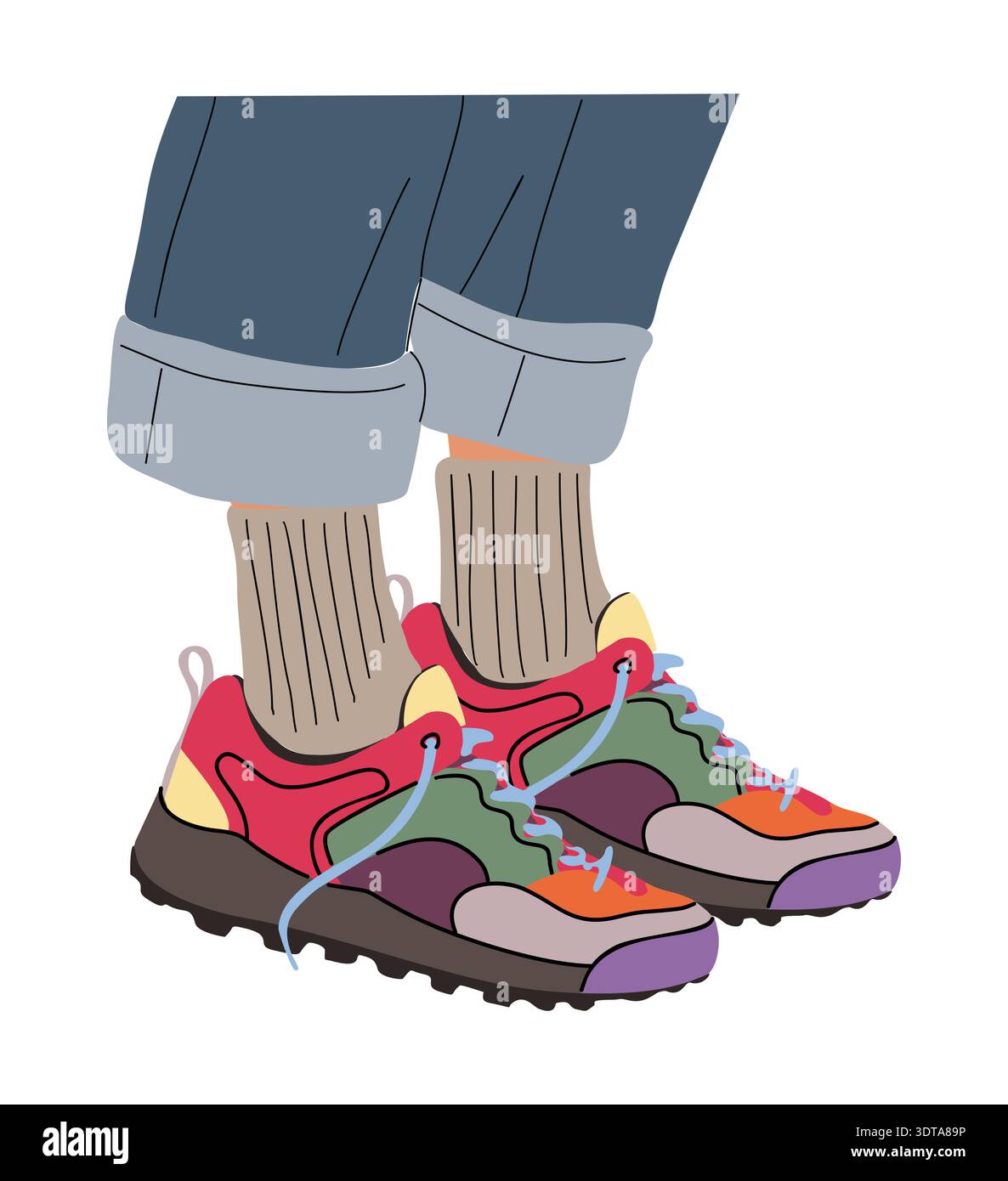 Jambes en Jean à revers, chaussettes et baskets épaisses Illustration de Vecteur