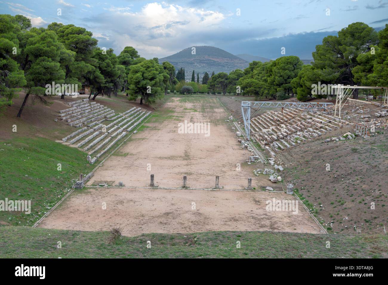 L'ancien stade d'Épidaure entouré de pins, Péloponnèse, Grèce Banque D'Images