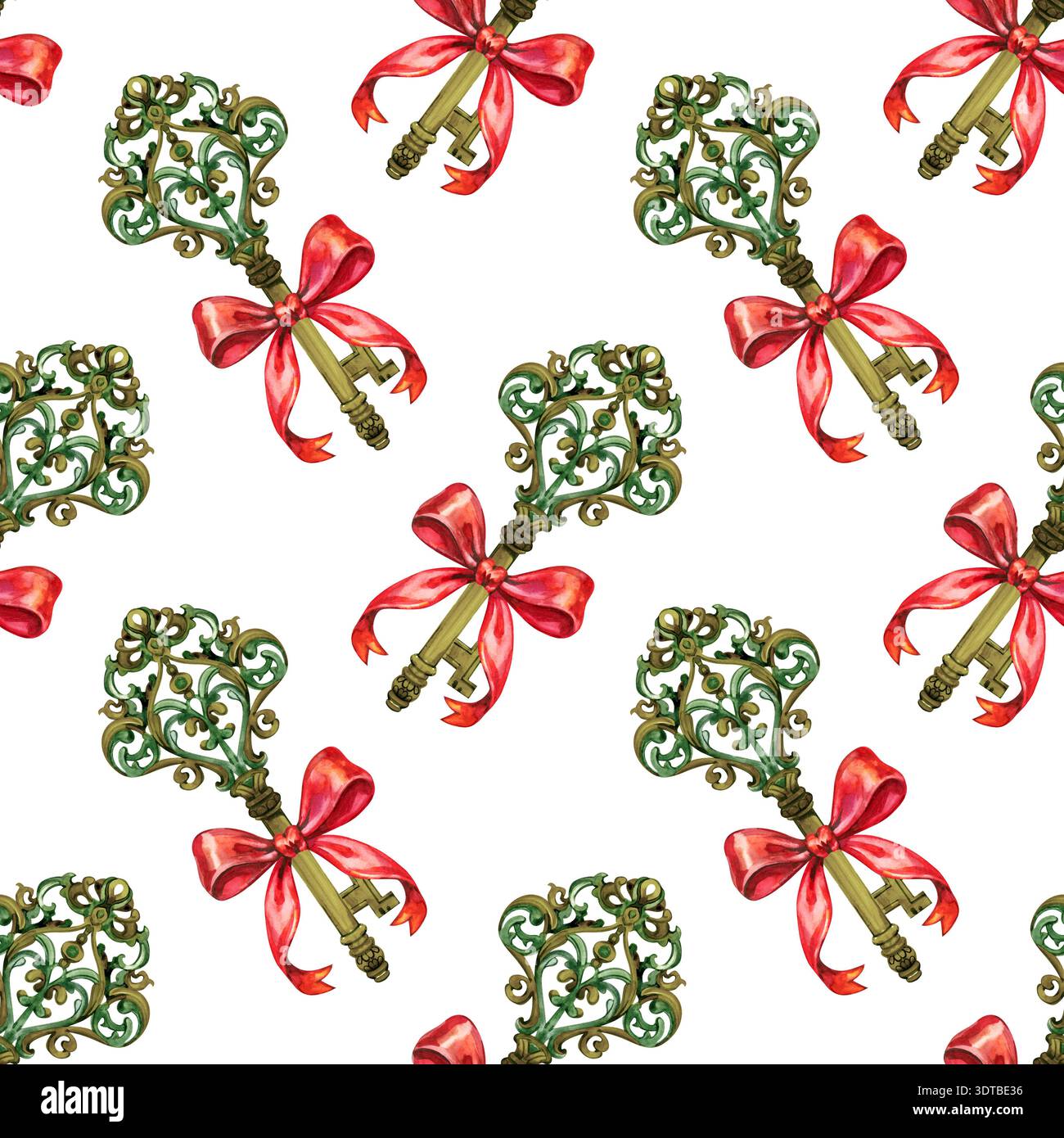 Élégant motif aquarelle sans couture avec des touches vintage ornées de noeuds en soie rouge vif. Un design romantique et mystérieux peint à la main Banque D'Images