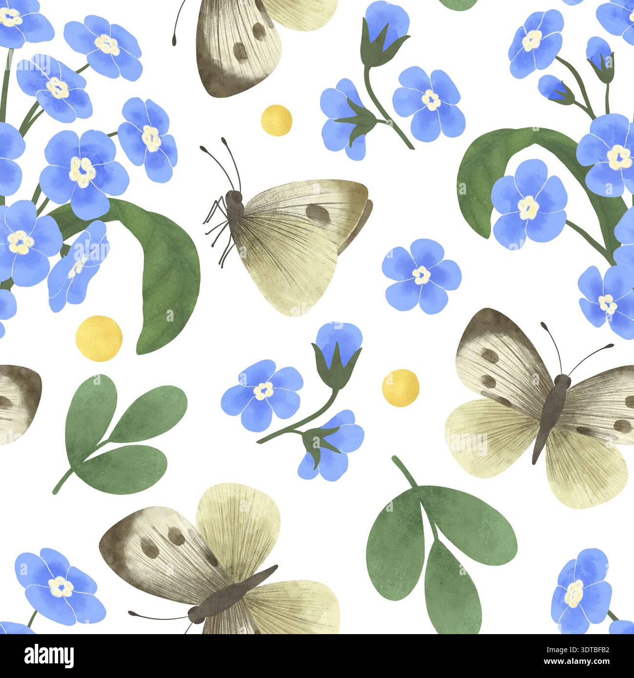 Motif de printemps sans couture avec fleurs oubliées, brindilles, papillons. Aquarelle, pastel. Dans un style plat. Pour l'impression, les impressions, les textiles, le papier peint Banque D'Images