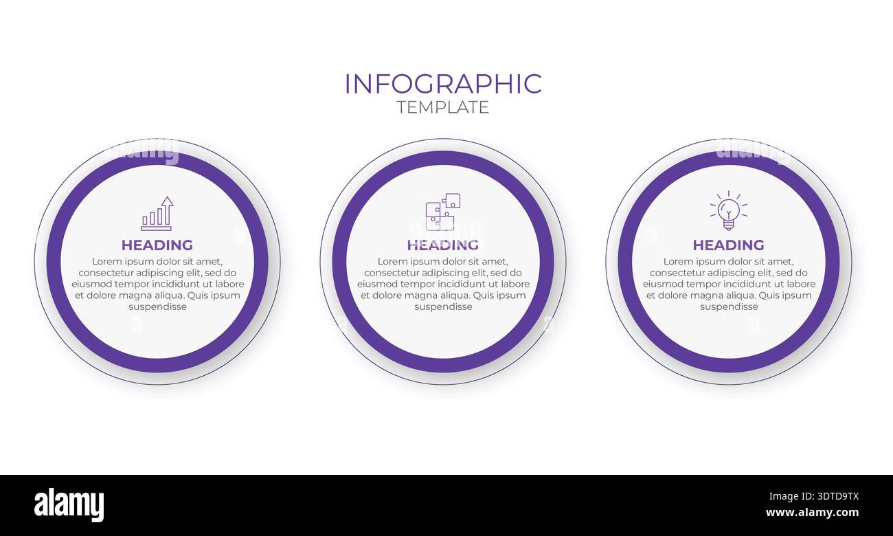 Modèle infographique circulaire moderne en 3 étapes avec des accents et des icônes violets. Parfait pour les présentations d'entreprise, la visualisation de processus, et professionnel Illustration de Vecteur