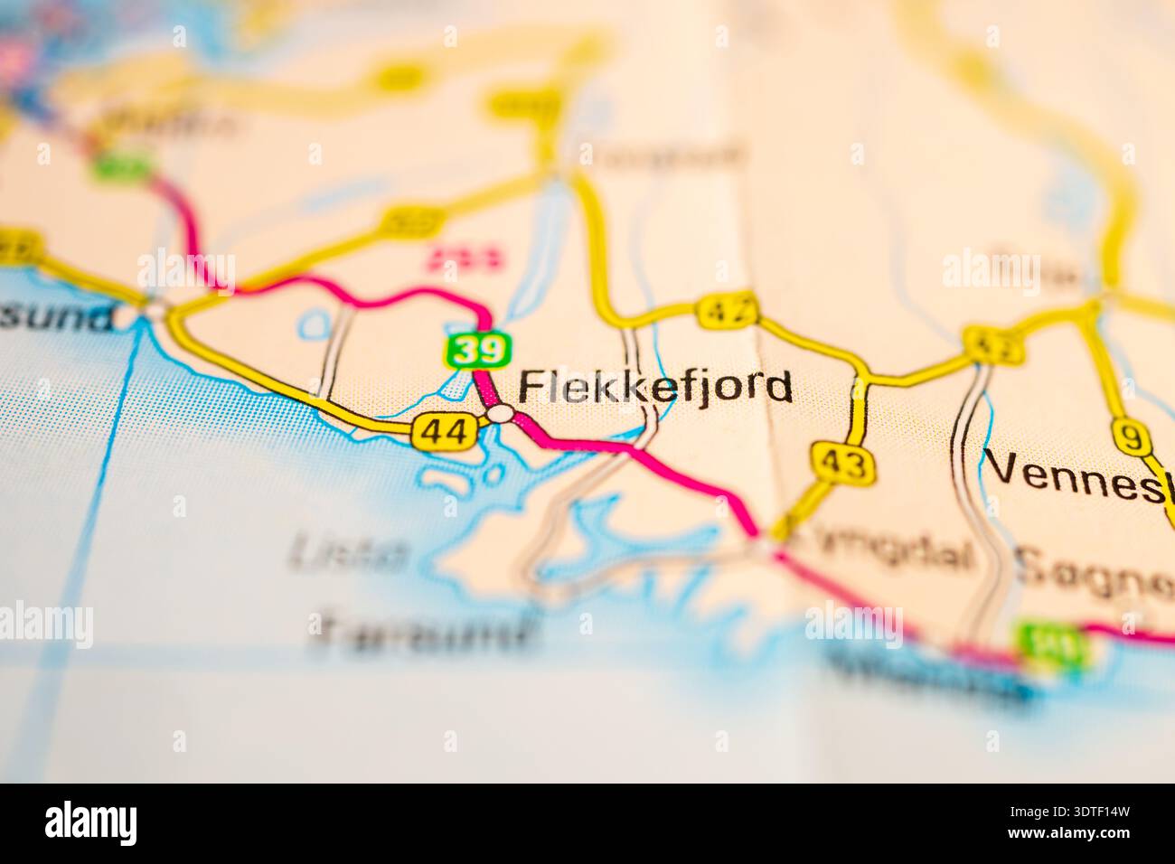 Carte norvégienne montrant les villes côtières près de Flekkefjord Banque D'Images