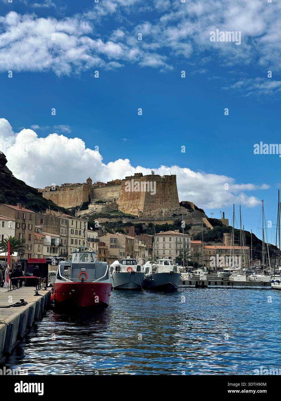 Port et centre ville de Bonifacio sur la pointe sud de la côte méditerranéenne Corse, photographiés depuis l'eau en été. Banque D'Images