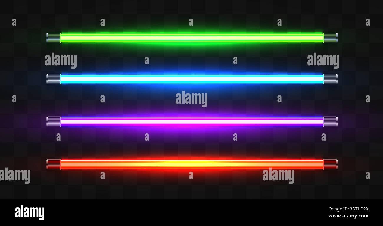 Quatre tubes lumineux au néon éclatants, avec des couleurs vertes, bleues, violettes et rouges sur un fond transparent. Illustration vectorielle Illustration de Vecteur
