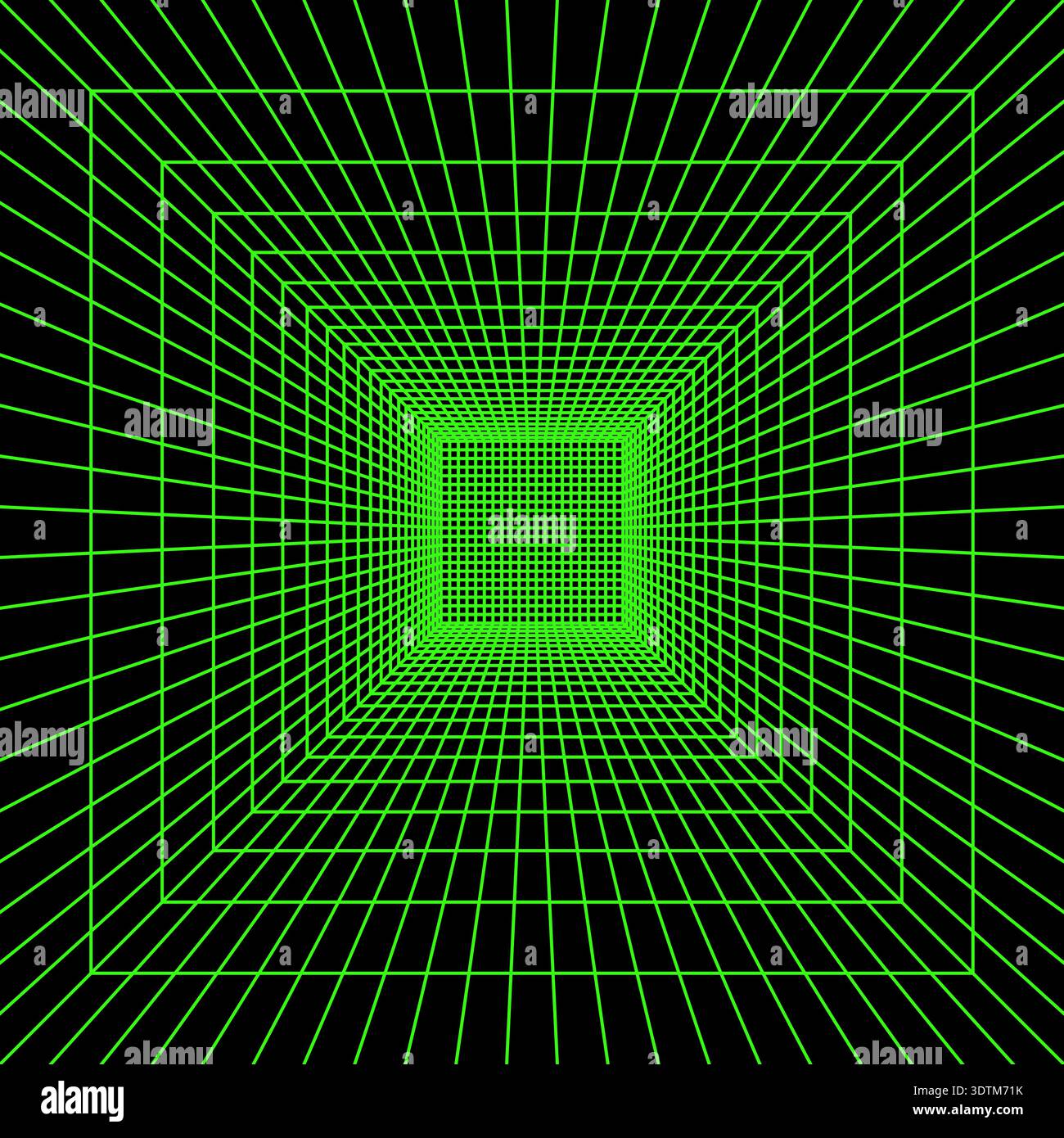 Carré vert néon filaire 3D en perspective sur fond noir. Texture de grille de pièce, de portail ou de studio dans un style cyberpank futuriste. Techno Illustration de Vecteur
