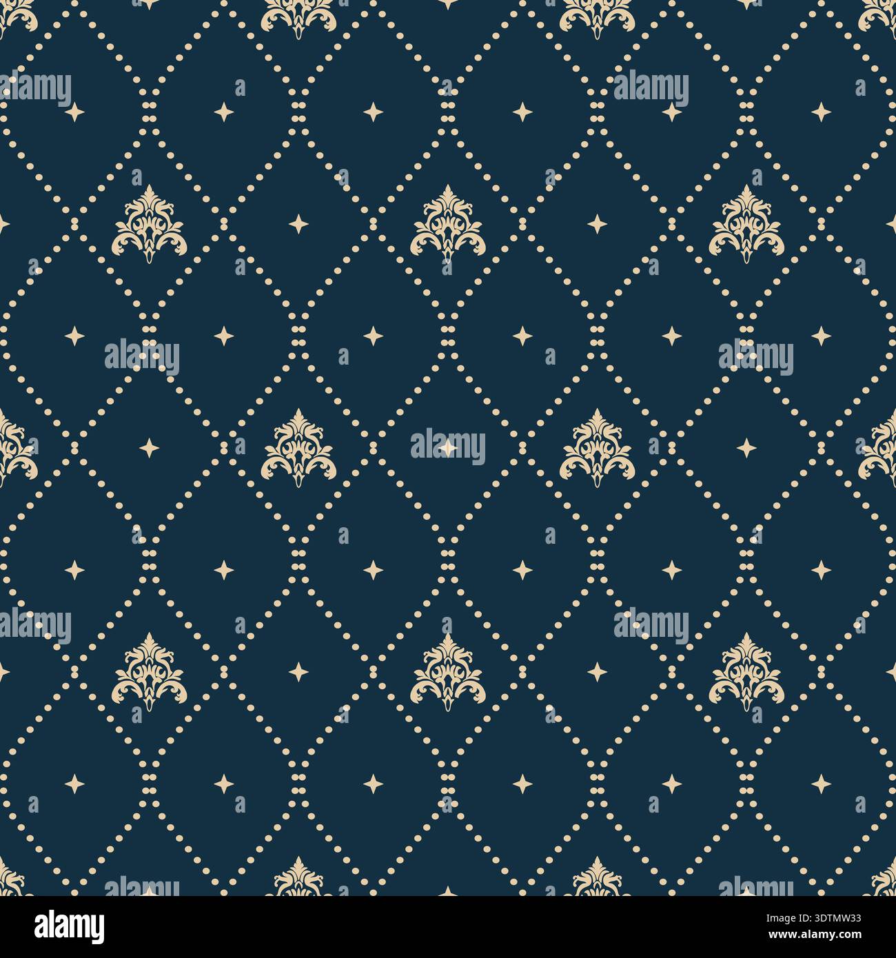 Élégant motif sans couture avec des motifs floraux damassés dorés et une grille de diamant à pois sur un fond bleu marine foncé Illustration de Vecteur