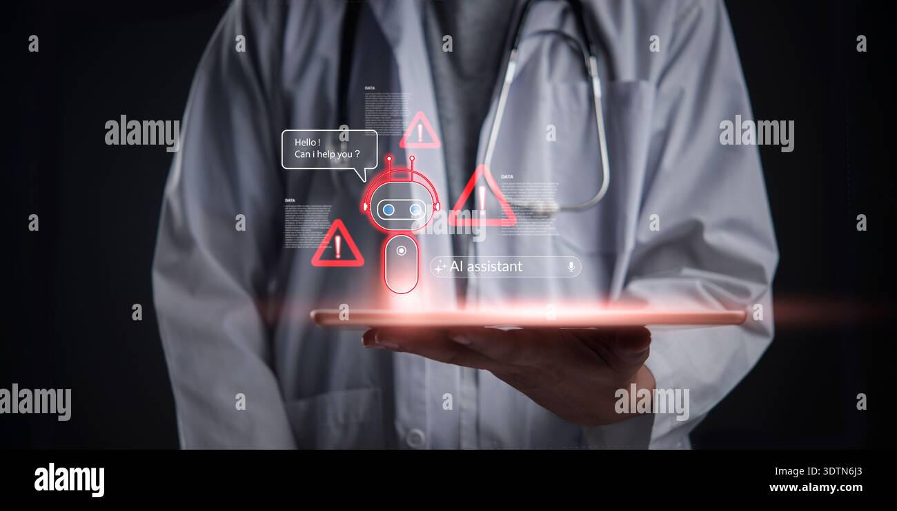Le médecin tient le chatbot de l'assistant ai de tablette montrant l'erreur. La technologie médicale affiche des avertissements d'erreur virtuels, des alertes critiques. Défaillance du système de santé Banque D'Images