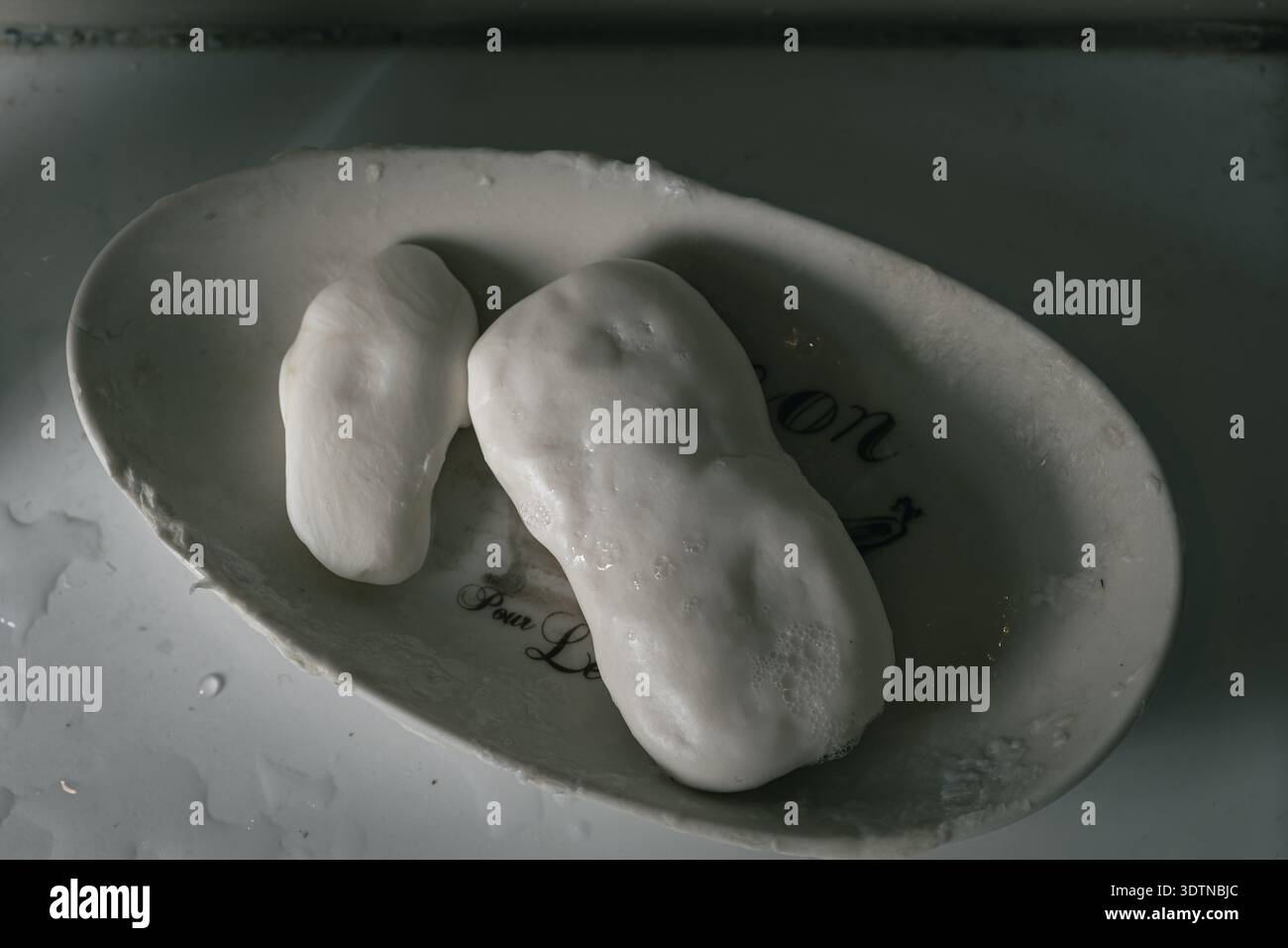 Mousse de savon fondant blanche reposant sur un porte-savon en céramique dans une lumière naturelle douce. Les gouttelettes d'eau et les textures lisses créent un calme Banque D'Images