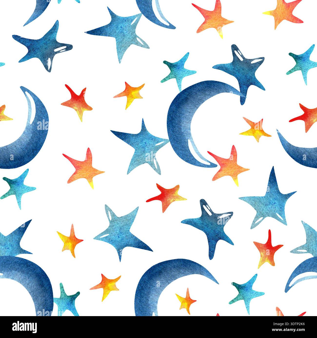 Motif sans couture avec des lunes en croissant bleu aquarelle et des étoiles multicolores vibrantes sur un fond blanc créant un thème céleste fantaisiste Banque D'Images
