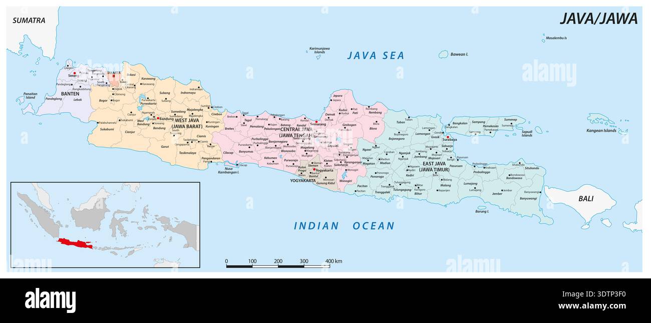 Carte administrative de l'île indonésienne de Java Banque D'Images