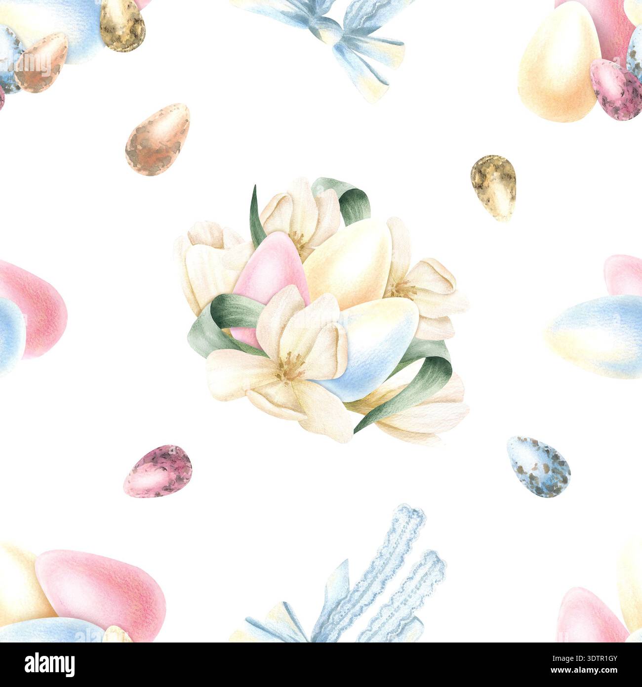 Motif aquarelle d'oeufs de Pâques sans couture avec tulipe blanche, noeud bleu en dentelle dans des couleurs pastel. Printemps festif belles fleurs d'primevère pour des vacances lumineuses Banque D'Images